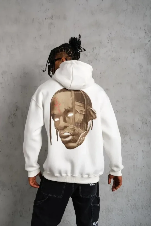 Erkek Beyaz Arka Kordon Detaylı Kapüşonlu Saçlı Sweatshirt Hoodie 2
