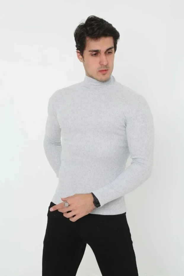 Férfi Szürke Slim Fit Likralı Turtleneck Bordázott Body 4
