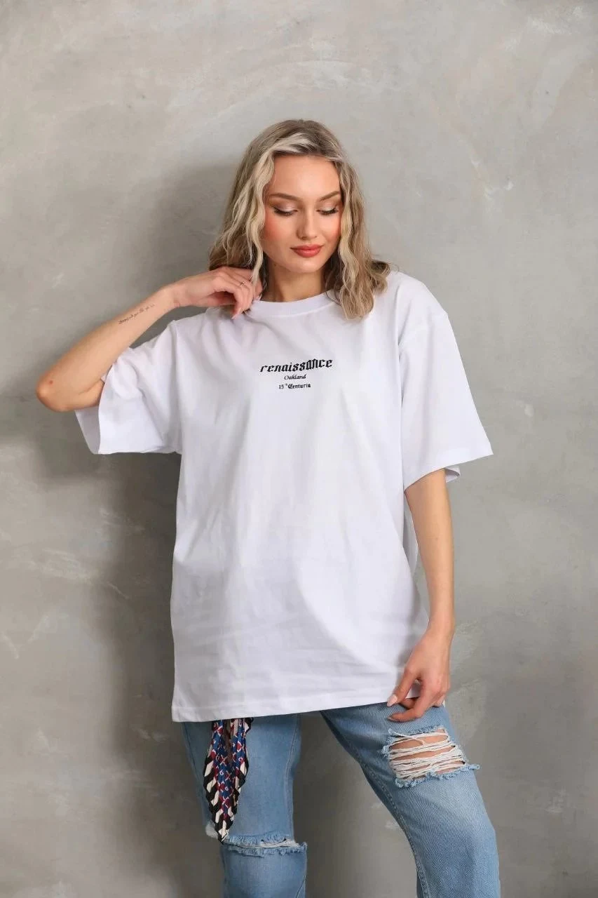 Ženski Bijeli Oversize Biciklistički Kragna Print Ljetna Majica