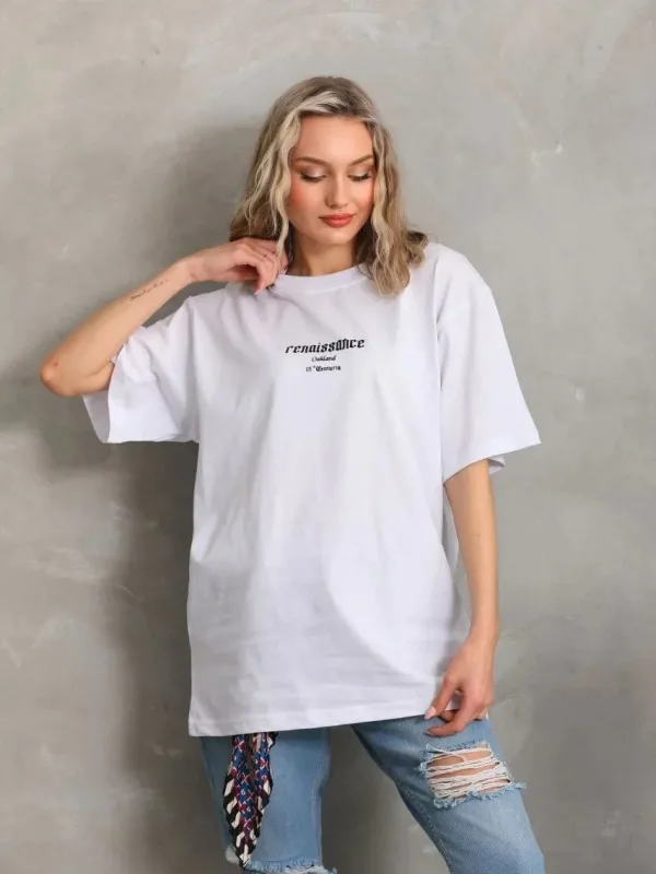 Ženski Bijeli Oversize Biciklistički Kragna Print Ljetna Majica 1
