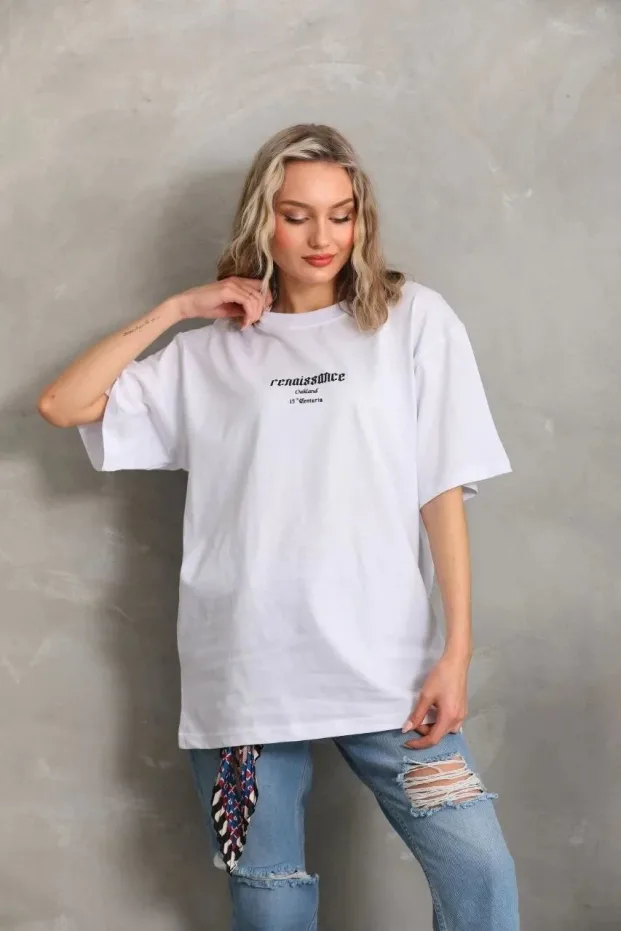 Women's White Oversize Bicycle Neck Printed Summer T-Shirt 1