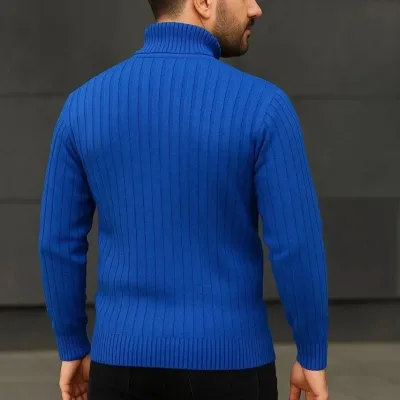 Pánský saks modrý silný žebrovaný rolák svetr 2