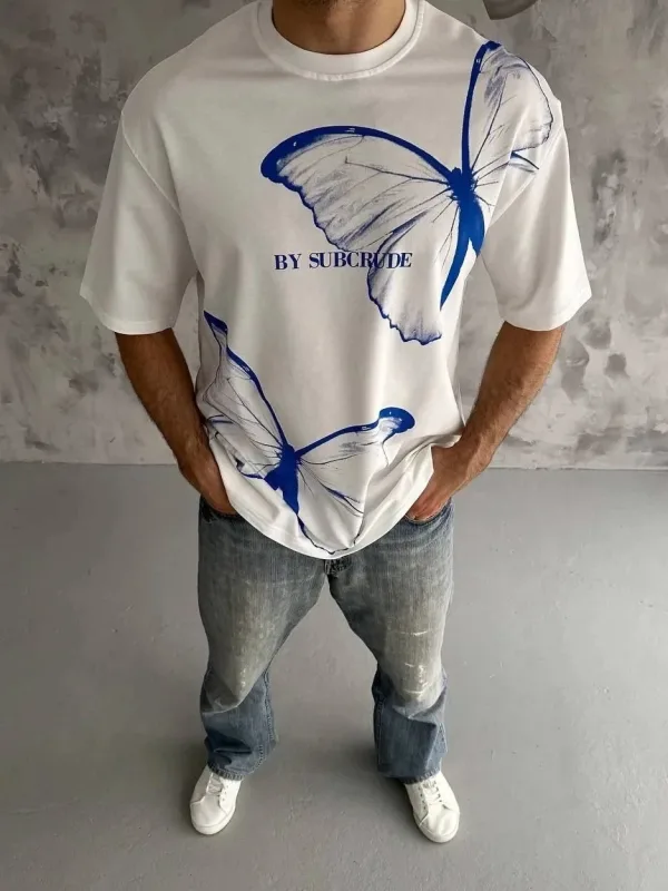 Muška bijela oversize bicikl vrat printana majica 2