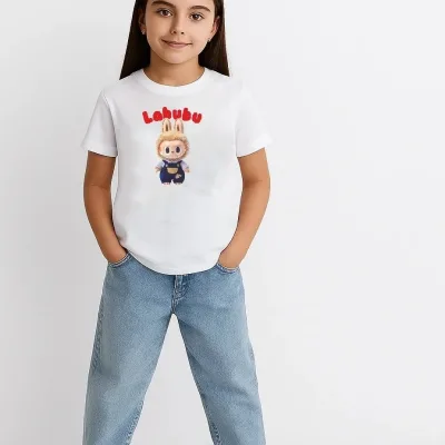 Djevojčica bijela Labubu print obična majica 2