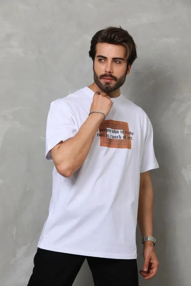 Men's White Regular Bicycle Neck Printed T-Shirt 4