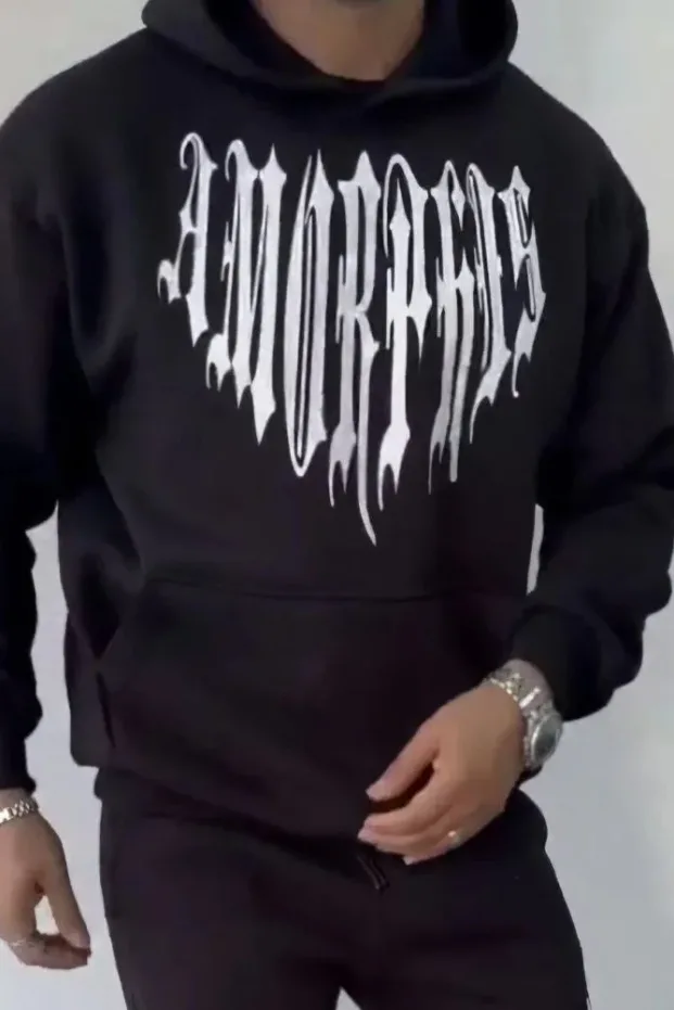 Férfi fekete 3 szálas pamut kapucnis nyomott sweatshirt 2