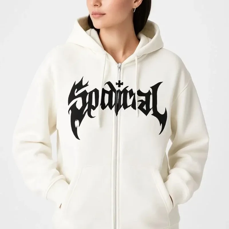 Women's White Oversize 3-Thread Cotton Front Printed Zippered Hooded Cardigan