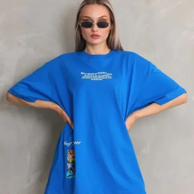 Женски Син Oversize Бициклета Јака Печатена Маица 3