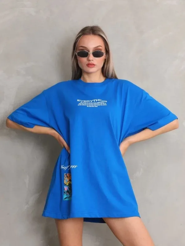 Женски Син Oversize Бициклета Јака Печатена Маица 3