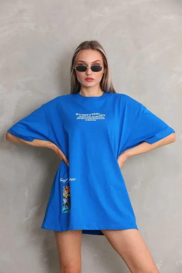 Kadın Mavi Oversize Bisiklet Yaka Baskılı Pamuklu Tişört 3
