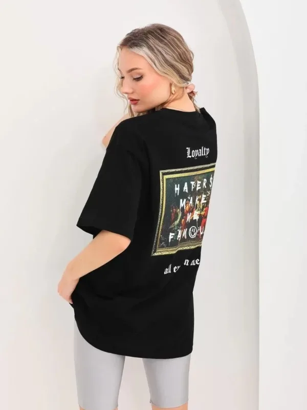 Bluzë e zezë për femra, oversize, me jakë biçiklete, të printuar 7