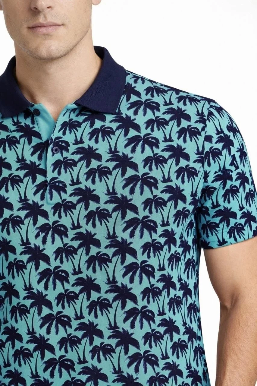 Man Turquoise Pique Fabric Palm Patterned Polo Collar T-Shirt