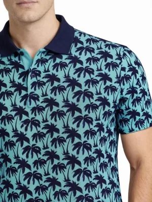 Man Turquoise Pique Fabric Palm Patterned Polo Collar T-Shirt