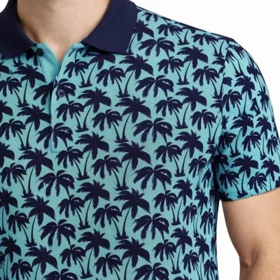 Man Turquoise Pique Fabric Palm Patterned Polo Collar T-Shirt 1