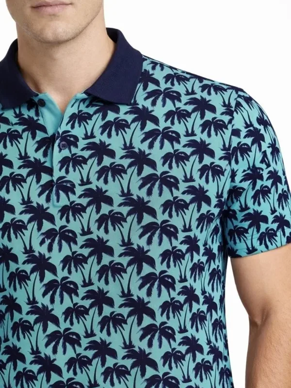 Man Turquoise Pique Fabric Palm Patterned Polo Collar T-Shirt 1