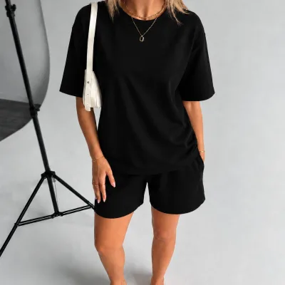 Femeie Negru Oversize Moale Textură Modal Cu Buzunare Costum Scurt 2