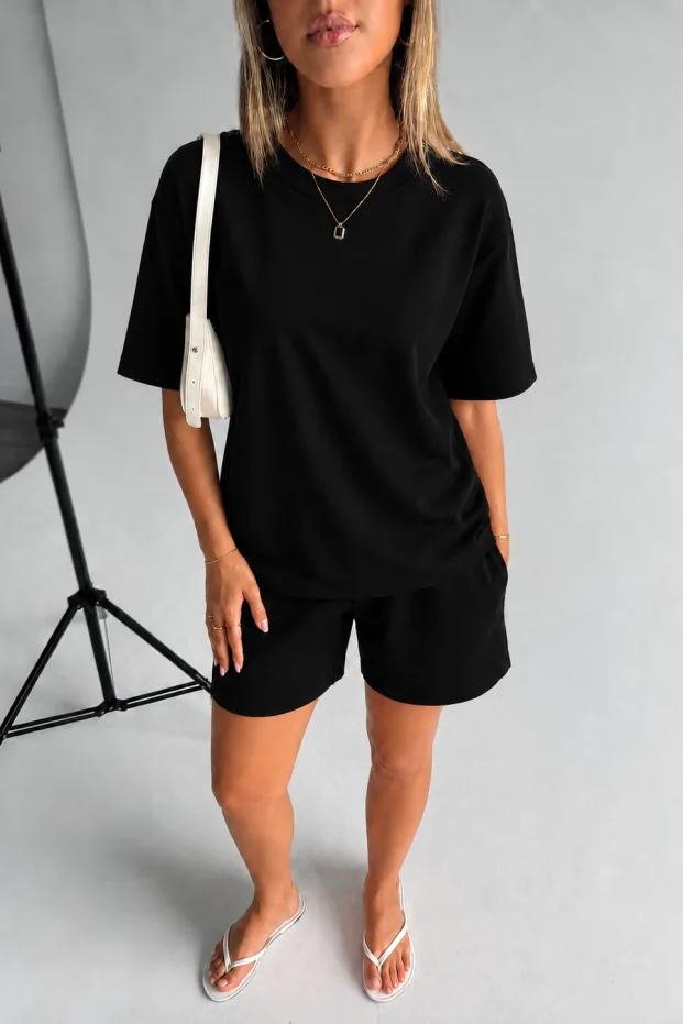 Femeie Negru Oversize Moale Textură Modal Cu Buzunare Costum Scurt 2