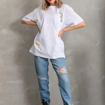 Női Fehér Oversize Kerékpár Nyakú Mintás Póló 6
