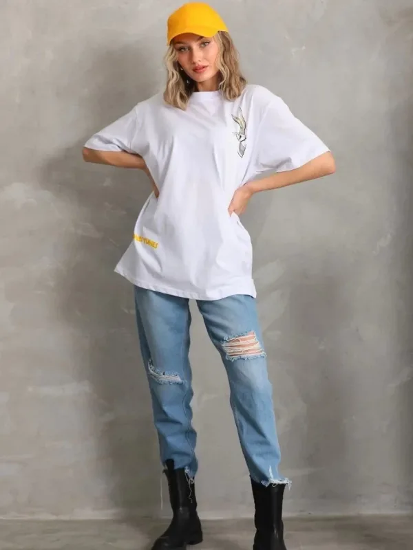 Női Fehér Oversize Kerékpár Nyakú Mintás Póló 6
