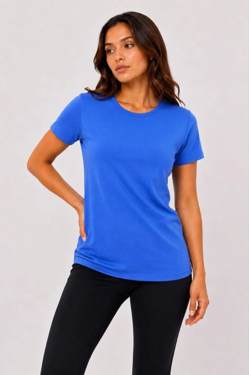 Women's Blue Slim Scoop Neck Basic Short Sleeve T-Shirt 2