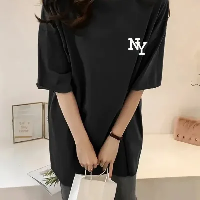 Femeia Tricou Negru cu Guler Bicicletă și Imprimeu NY, Mânecă Scurtă 2