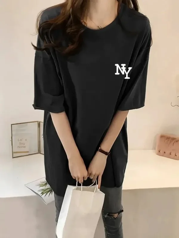 Femeia Tricou Negru cu Guler Bicicletă și Imprimeu NY, Mânecă Scurtă 2