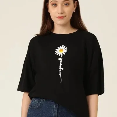 Tîşorta Jinan a Reş, Oversize, Stûyê Bisîkletê, Çapa Papatya 3