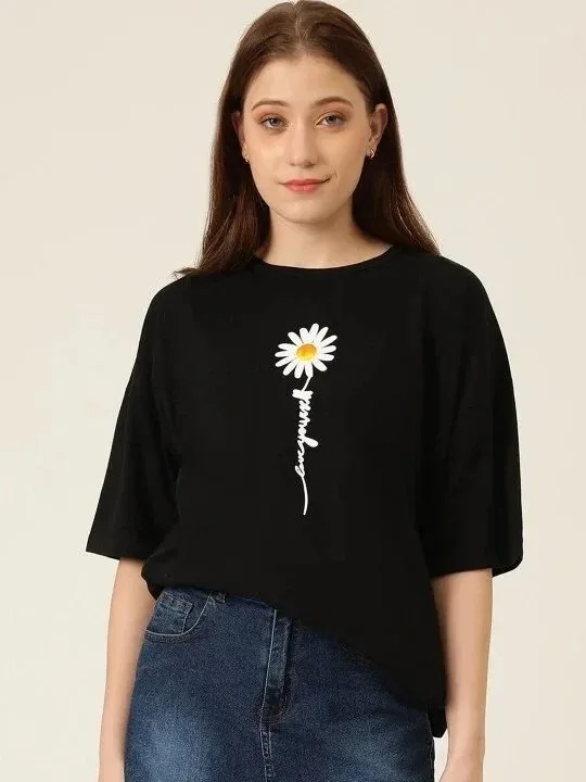 Tîşorta Jinan a Reş, Oversize, Stûyê Bisîkletê, Çapa Papatya 3