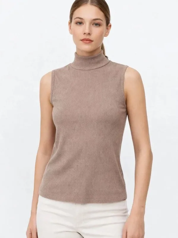 Women's Beige Ribbed Half Turtleneck Basic Bodysuit Tank Top 1