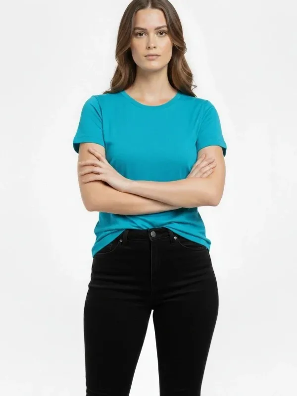 Dámské tyrkysové slim fit tričko s lycrou a cyklistickým výstřihem basic 3