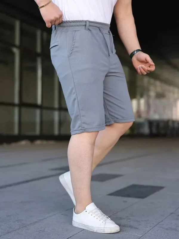 Pánské šedé diagonální látkové šortky s dvojitým lemem, kapsami a tkaničkami 3