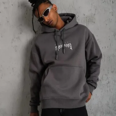 Pánské šedé oversized 3-nitní bavlněné kapucové potištěné mikiny 2