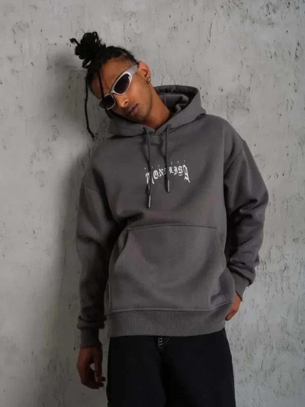 Pánské šedé oversized 3-nitní bavlněné kapucové potištěné mikiny 2
