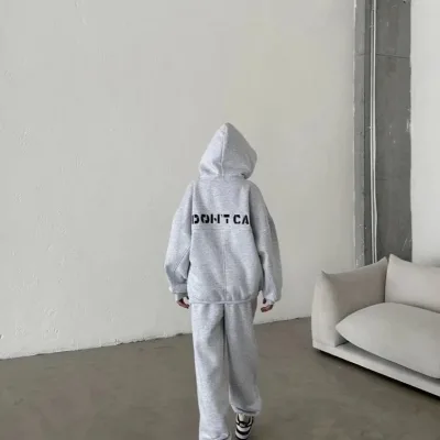 Women's Grey Embroidered 3-Thread Cotton Tracksuit Set 2