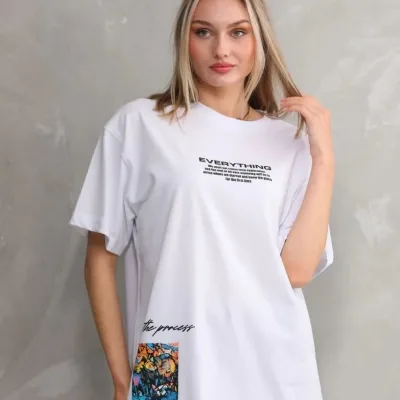 Женски Бел Oversize Бициклета Јака Печатена Маица 3