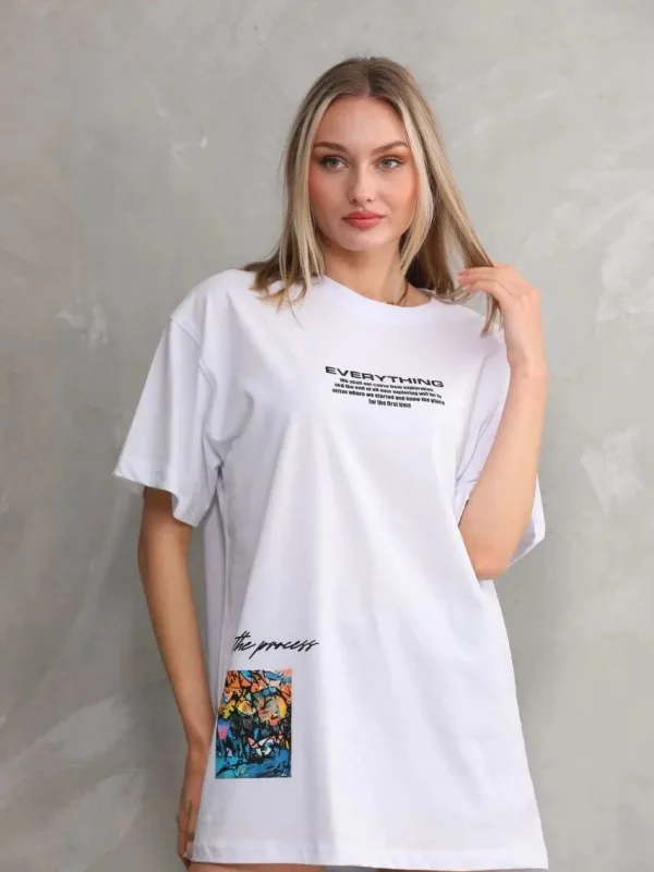 Женски Бел Oversize Бициклета Јака Печатена Маица 3