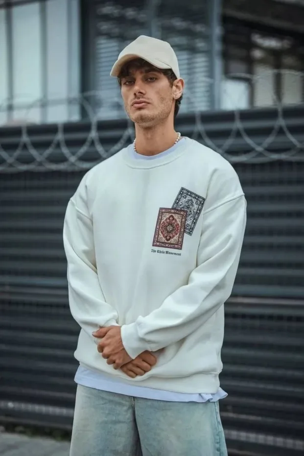 Muški bijeli 3 pređe pamučni bicikli kragna štampani sweatshirt 1