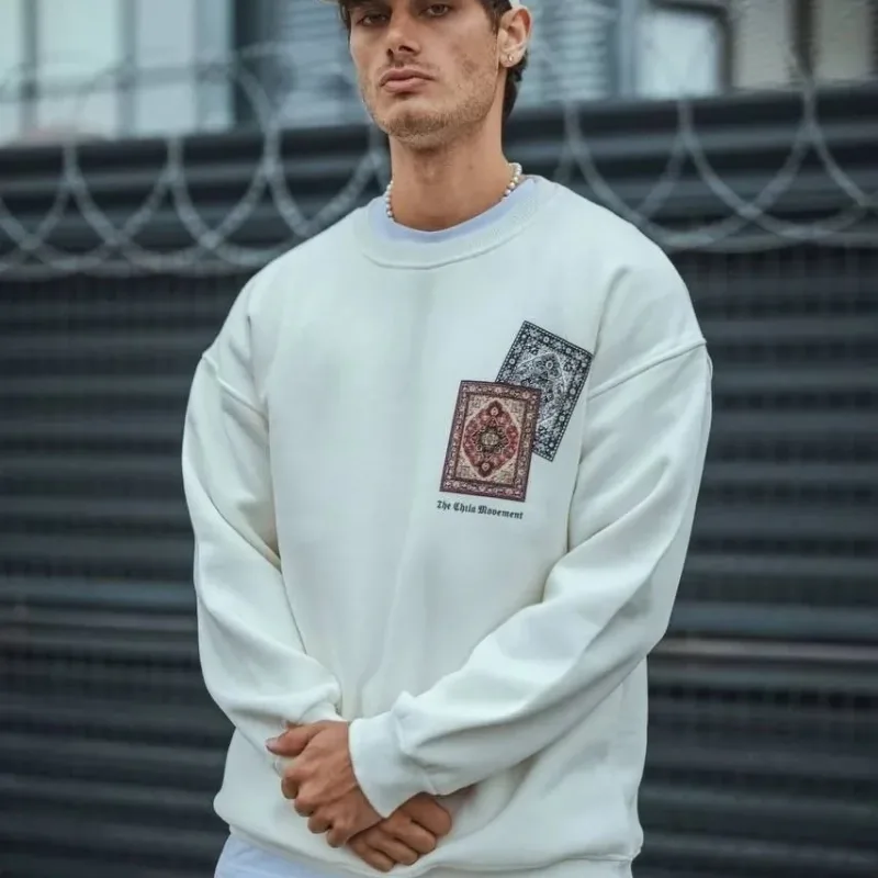 Muški bijeli 3 pređe pamučni bicikli kragna štampani sweatshirt