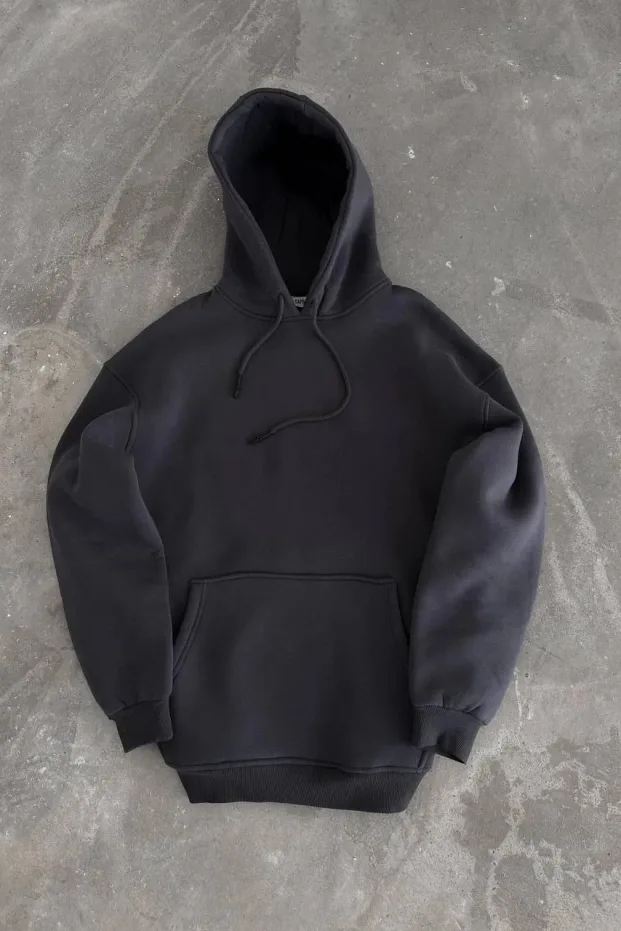 Kadın Füme Oversize 3 İplik Pamuklu Kapüşonlu Kanguru Cepli Sweatshirt 1