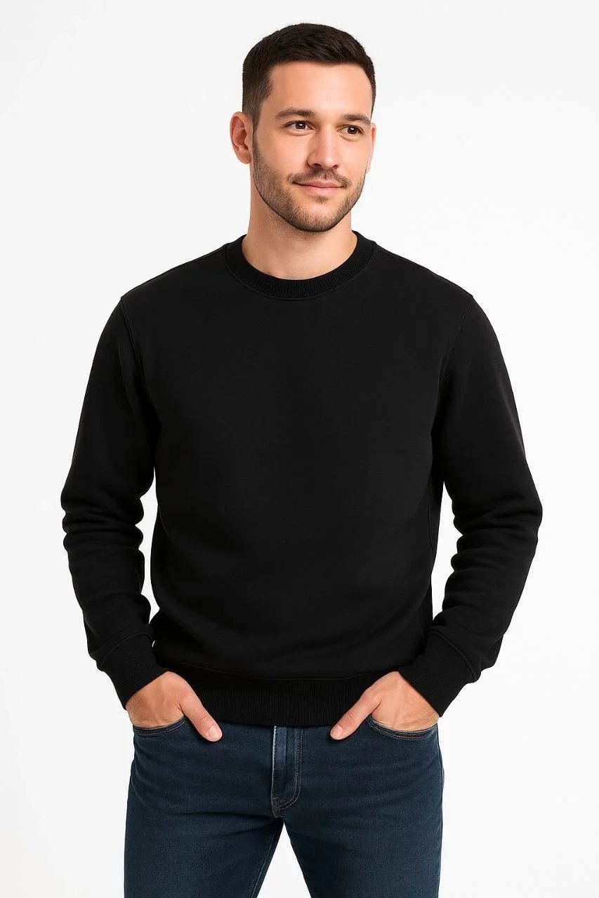 Men's Black 3-Thread Cotton Crew Neck Sweatshirt 2