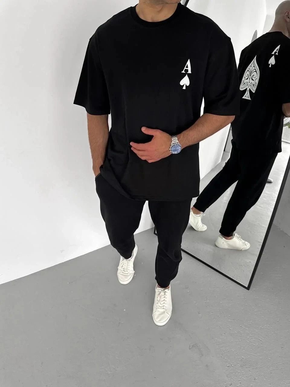 Bărbat Negru Regular Fit Guler Bicicletă Imprimat Tricou