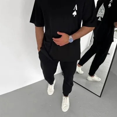 Bărbat Negru Regular Fit Guler Bicicletă Imprimat Tricou 1