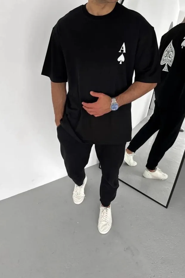 Bărbat Negru Regular Fit Guler Bicicletă Imprimat Tricou 1