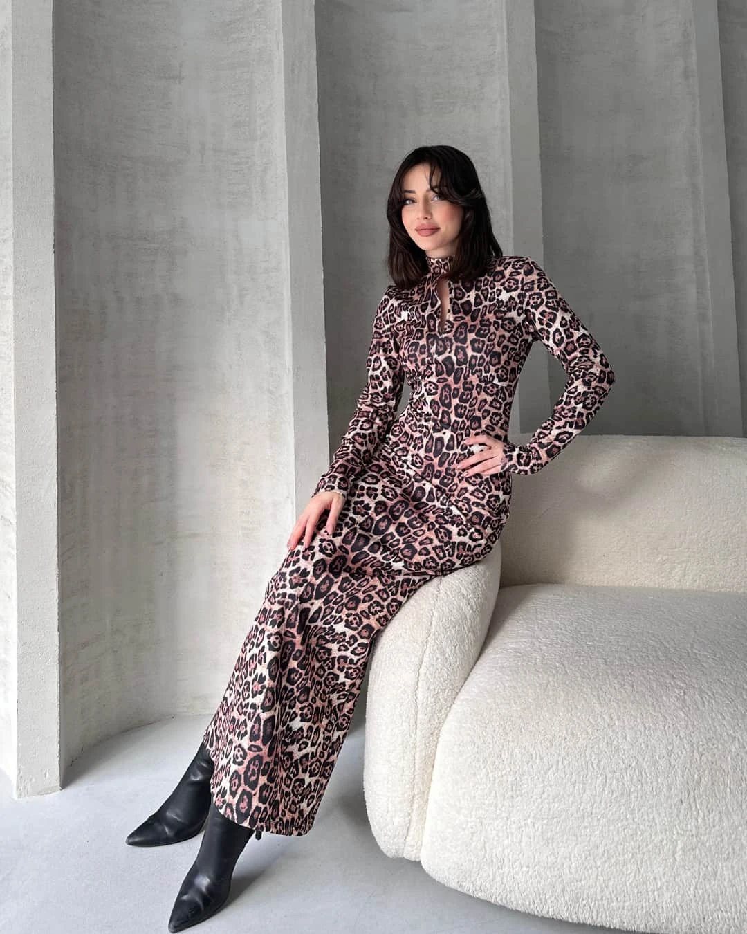 Kiss Neck Maxi Length Patterned Dress Leopard