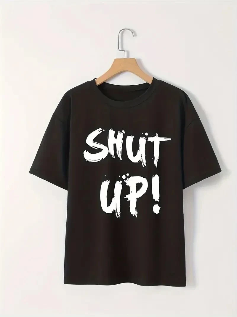 ქალის შავი ველოსიპედის ყელიანი Shut Up პრინტიანი მოკლე სახელოიანი მაისური