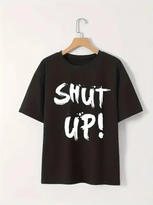 ქალის შავი ველოსიპედის ყელიანი Shut Up პრინტიანი მოკლე სახელოიანი მაისური