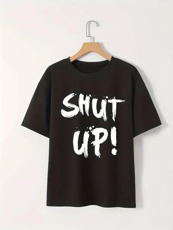ქალის შავი ველოსიპედის ყელიანი Shut Up პრინტიანი მოკლე სახელოიანი მაისური 1