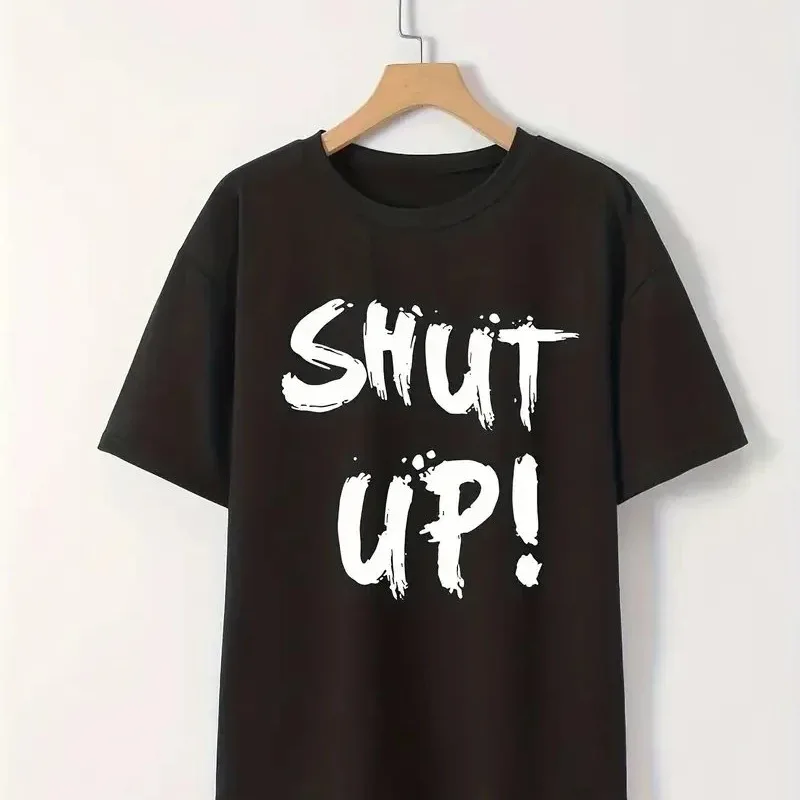 Женски црн велосипед јака Shut Up печатење кратки ракави маица