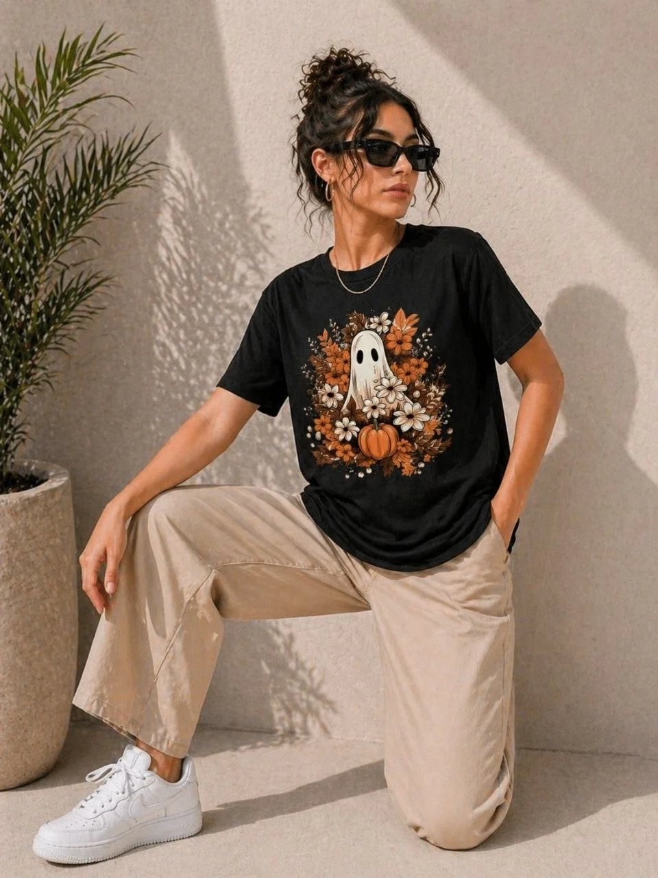Women's Black Oversize Pumpkin Ghost Printed T-Shirt 2