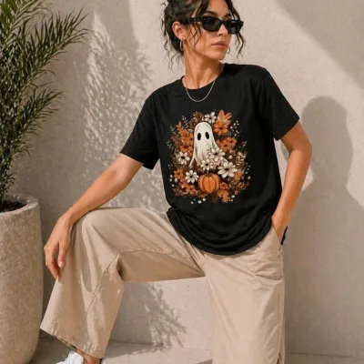 Dámské černé oversized tričko s potiskem dýně a ducha 2
